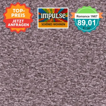 Teppichmuster mit Label „Impulse WOLFSBURG“ und Badge „Romance 1N67 – 89,91 €/m²“